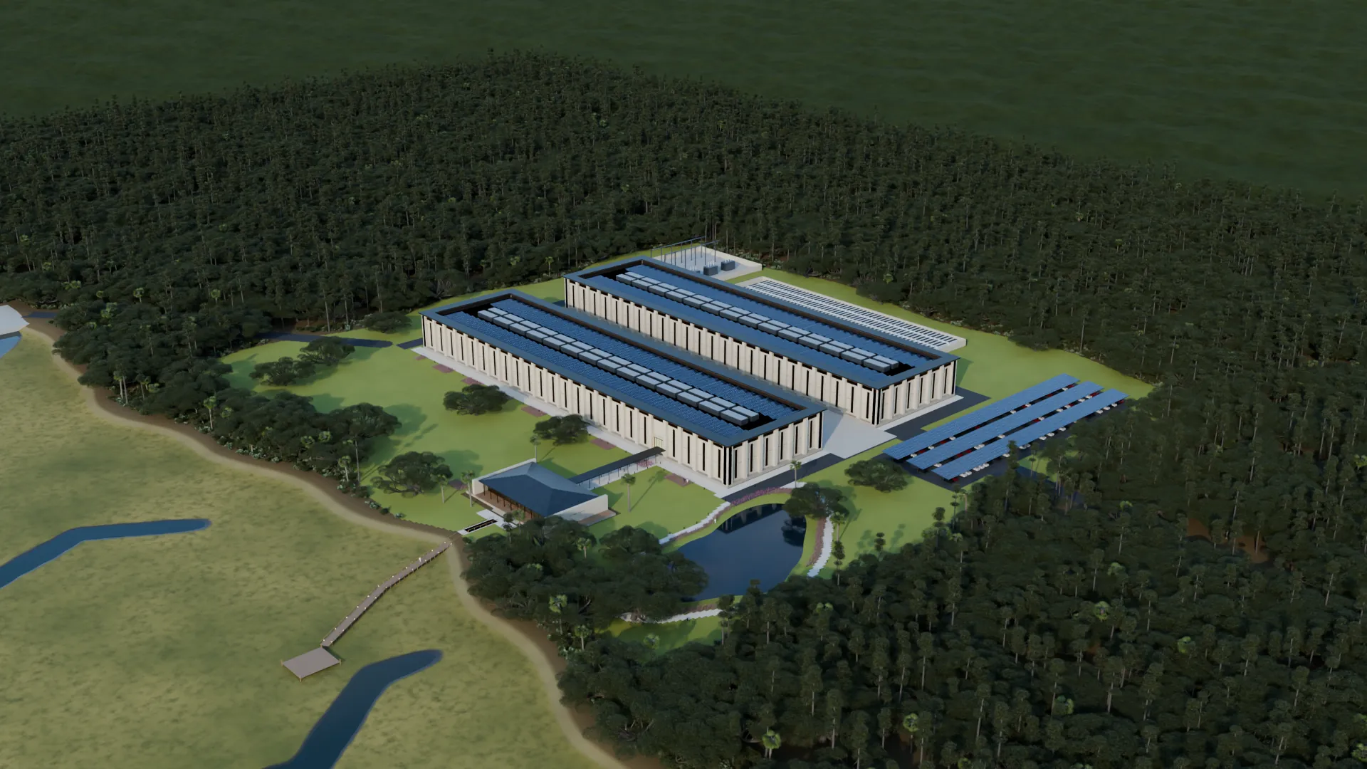Concept rendering, aerial view of the campus: two tabby data halls with solar roofs in a clearing of live oaks and pines, beside a lagoon and salt marsh