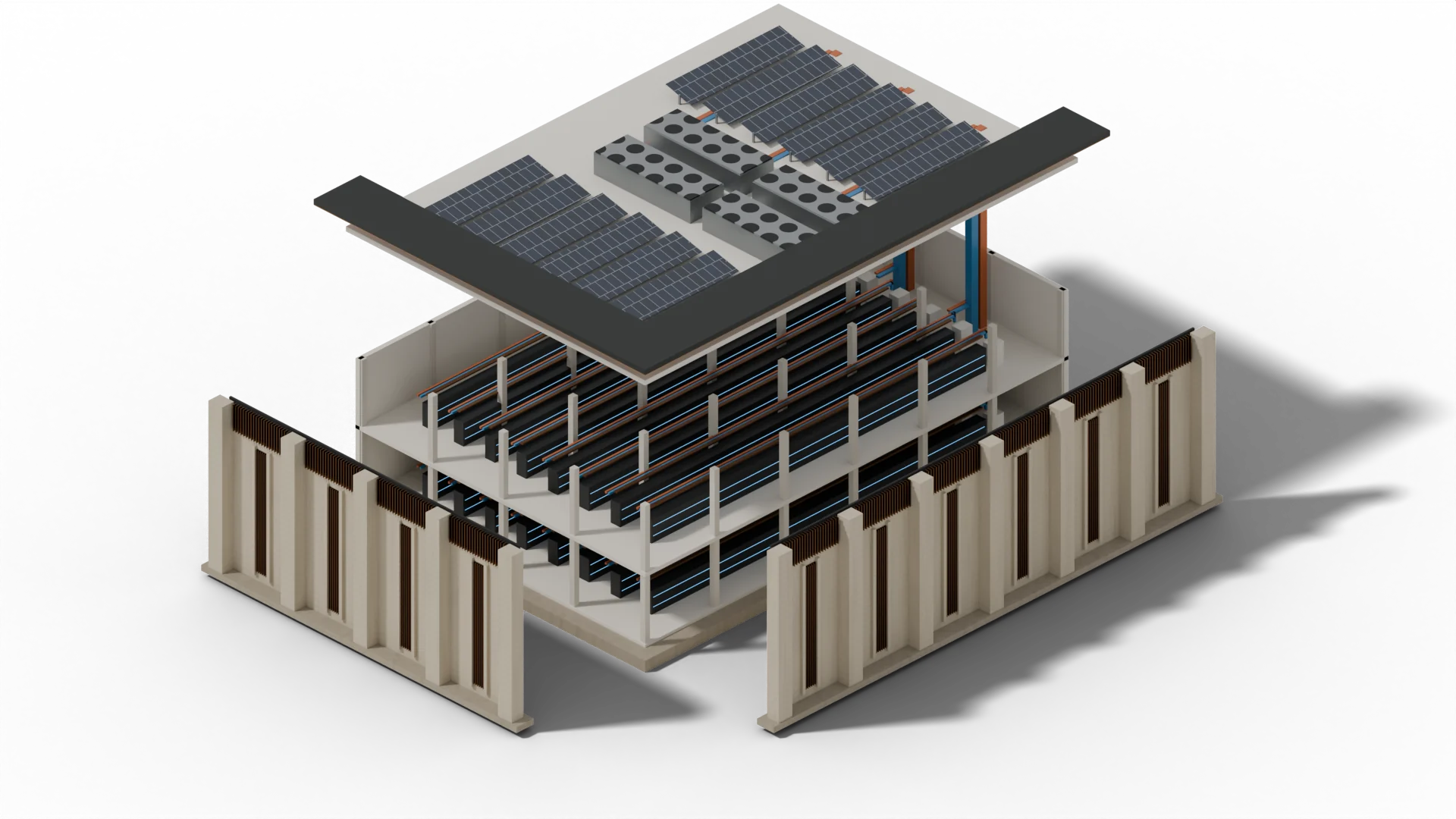 Exploded cutaway of four bays of a data hall: the roof lifted to show solar panels and dry coolers, two floors of racks, blue and copper pipes of a sealed cooling loop rising to the roof, and tabby wall panels pulled away