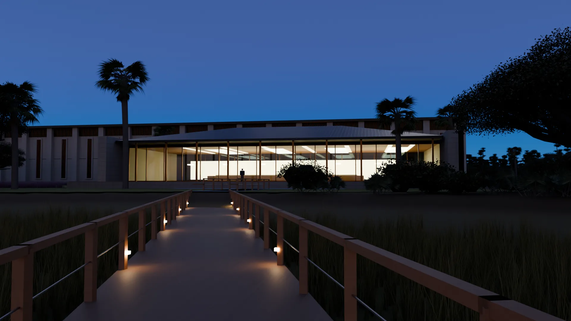 Concept rendering at dusk: a marsh boardwalk with low rail lights leading to a glowing glass pavilion, with the dark, windowless hall behind