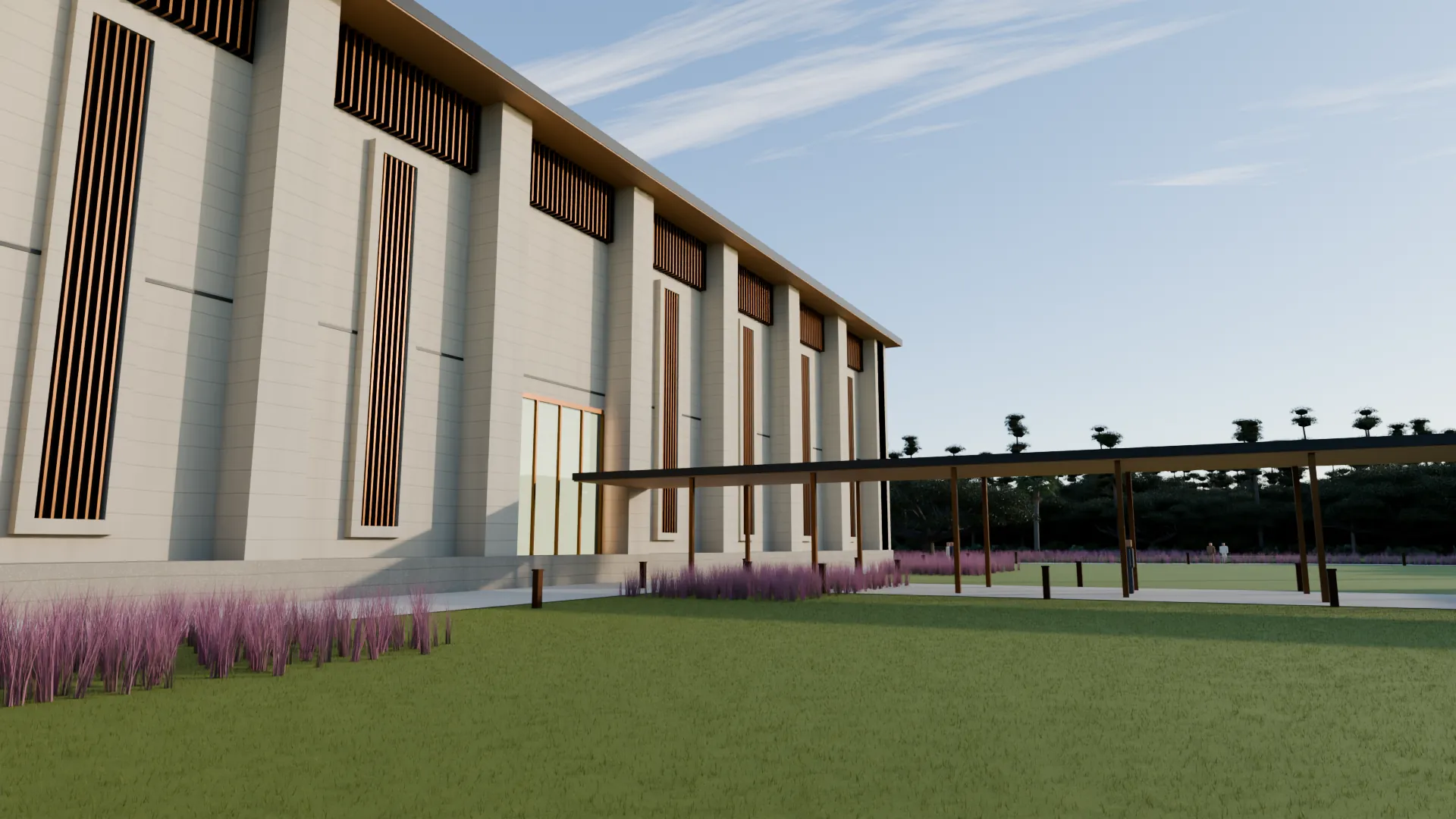 Concept rendering of the west facade: tall tabby piers, bronze-finned slots, a bronze crown and a deep cypress soffit, with a covered walkway to the entrance