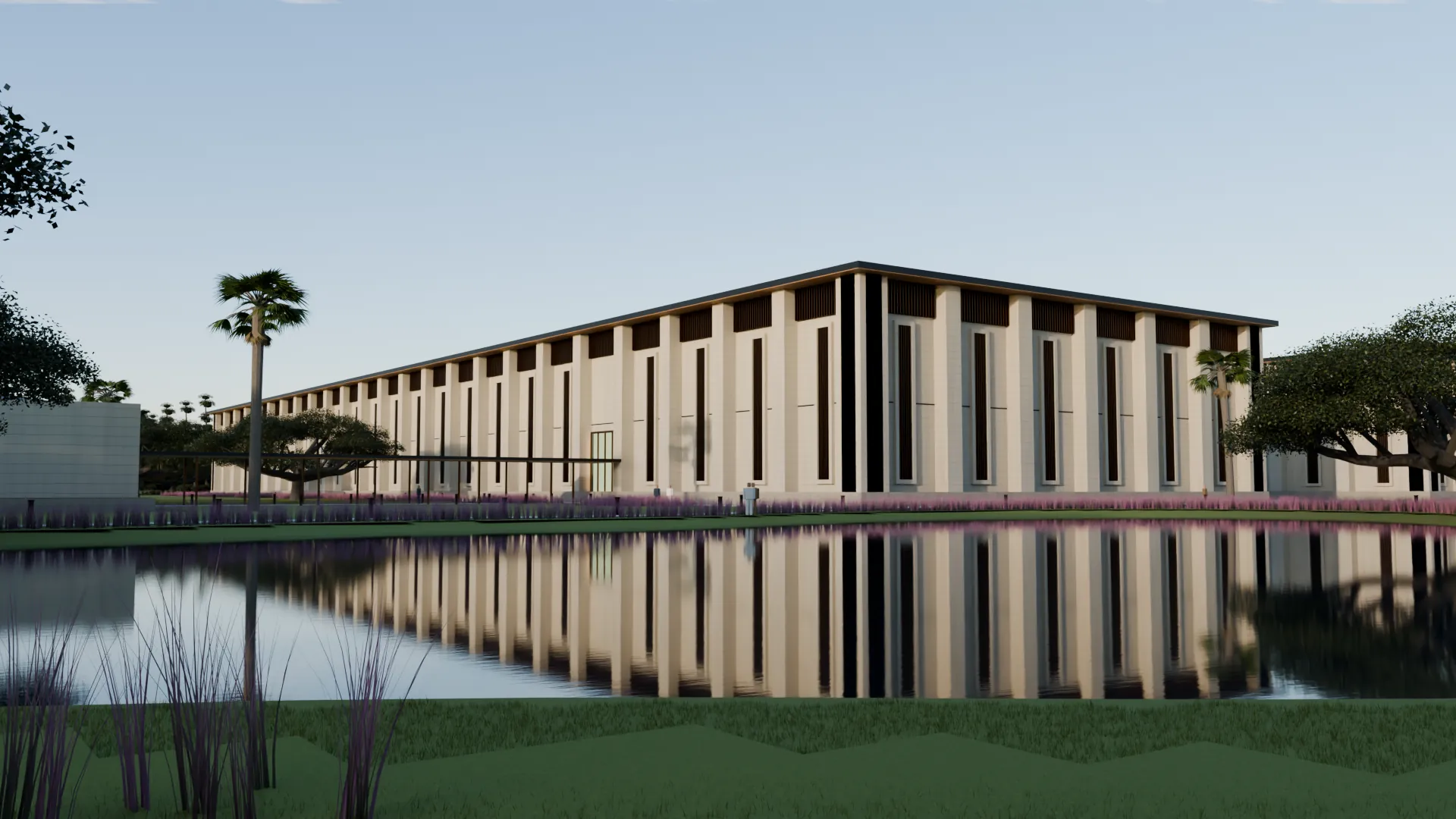 Concept rendering: a long, two-story data hall with tall tabby piers, bronze-finned slots and a bronze crown, reflected at golden hour in a lagoon edged with pink muhly grass, with live oaks and palmettos