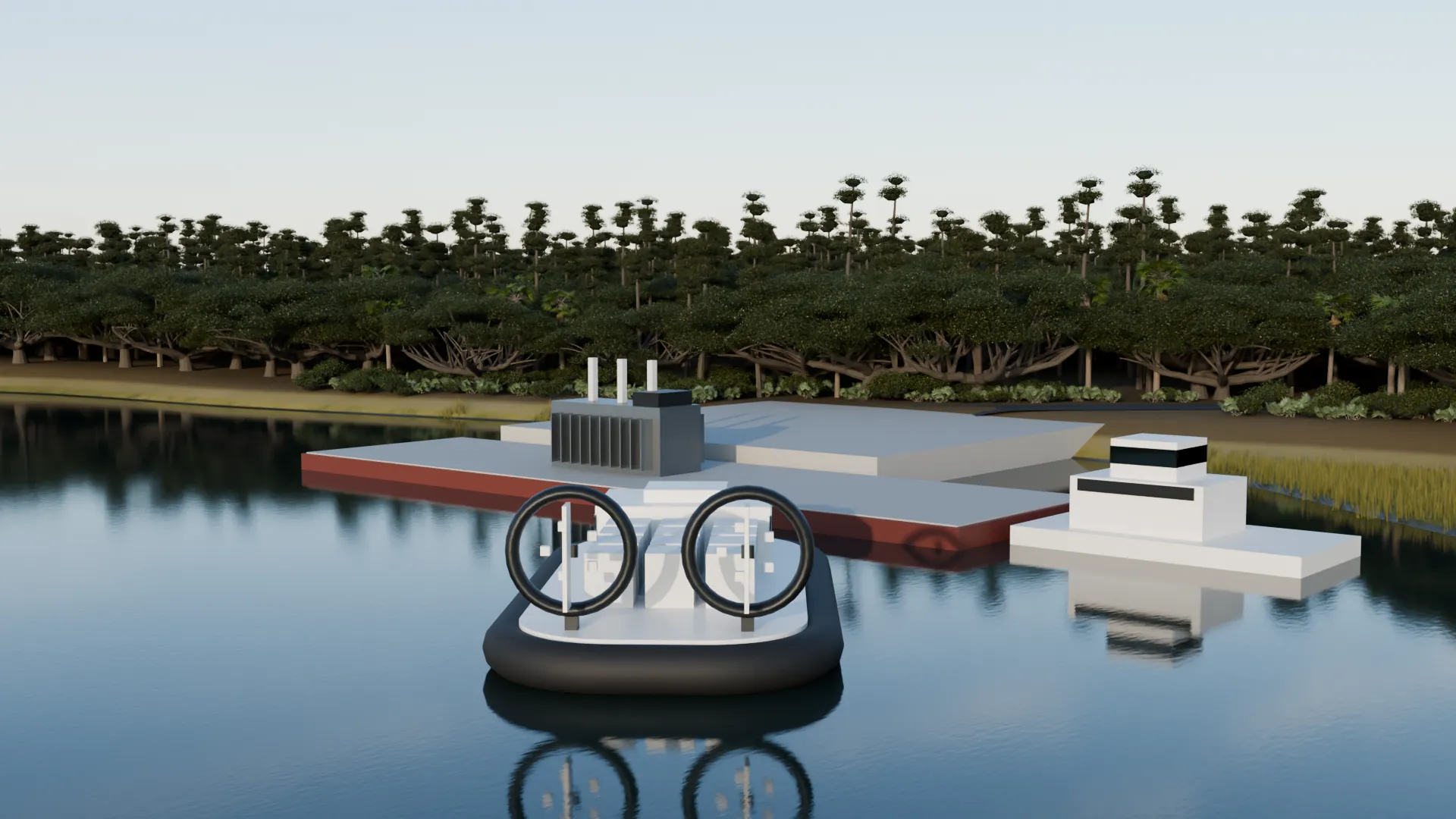 Concept rendering: a barge with a power transformer at a river landing and a hovercraft carrying server racks across the river
