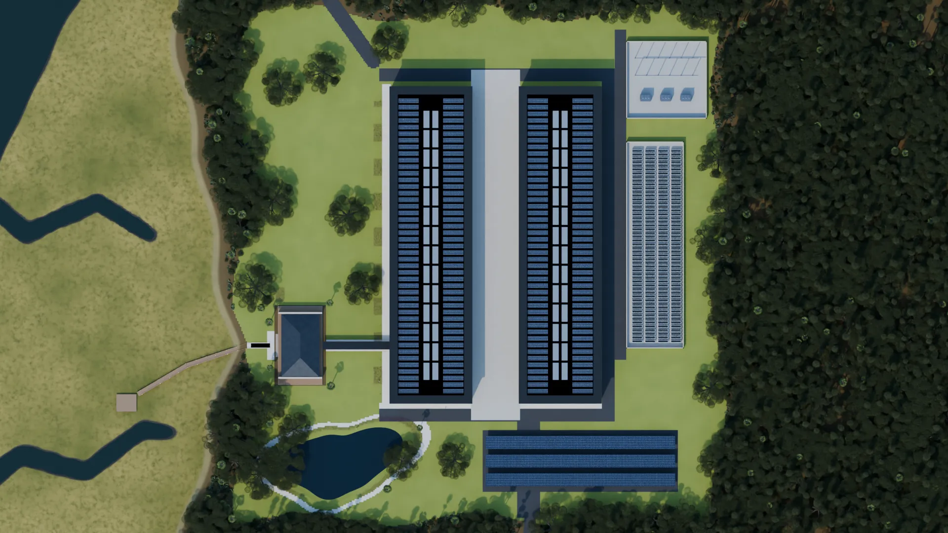 Concept site plan rendered from above: two halls with solar roofs and a service yard between them, the pavilion and lagoon to the south-west, solar parking, the battery yard and substation, forest around and marsh to the west